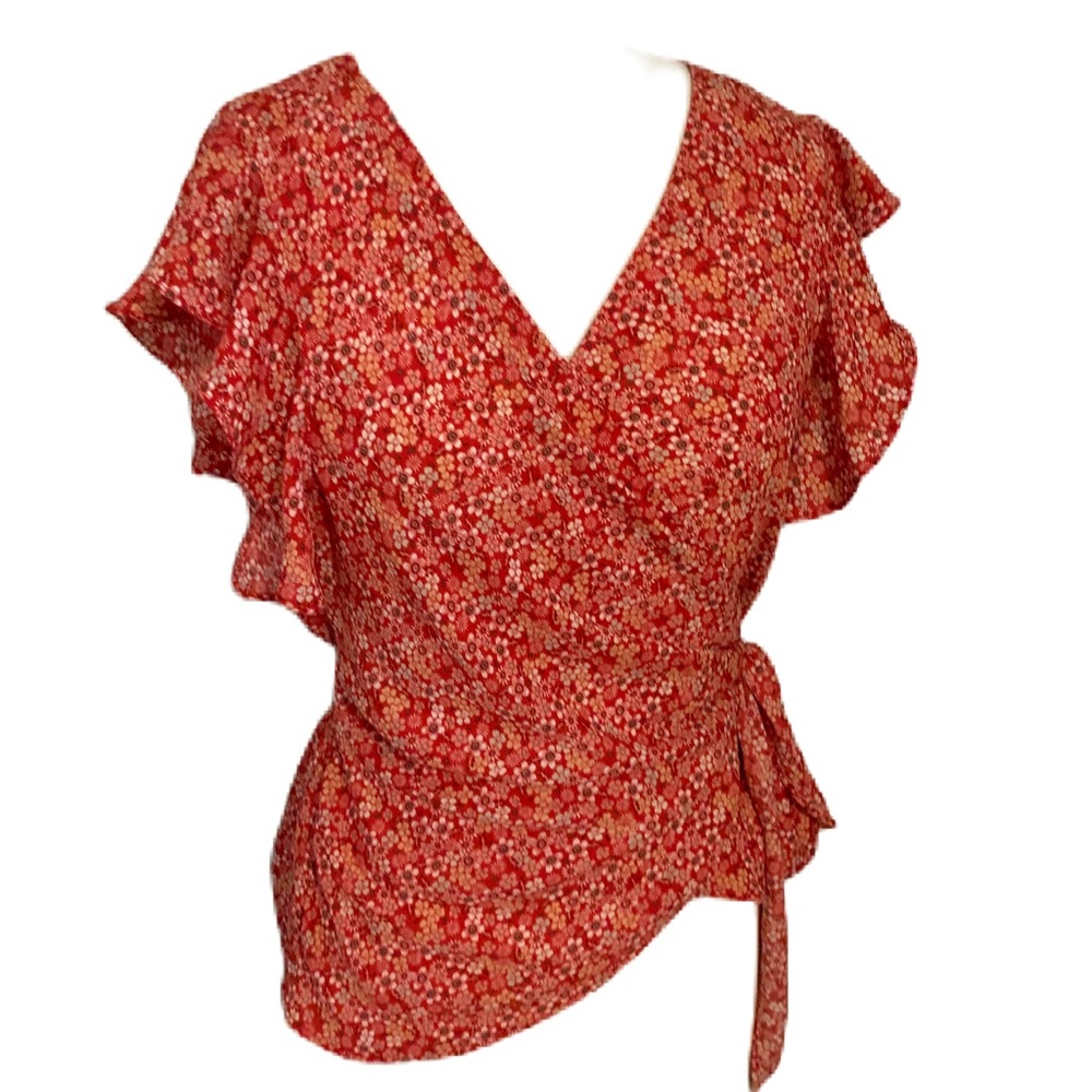Max Studio NWT red floral short sleeve faux wrap blouse. Size medium